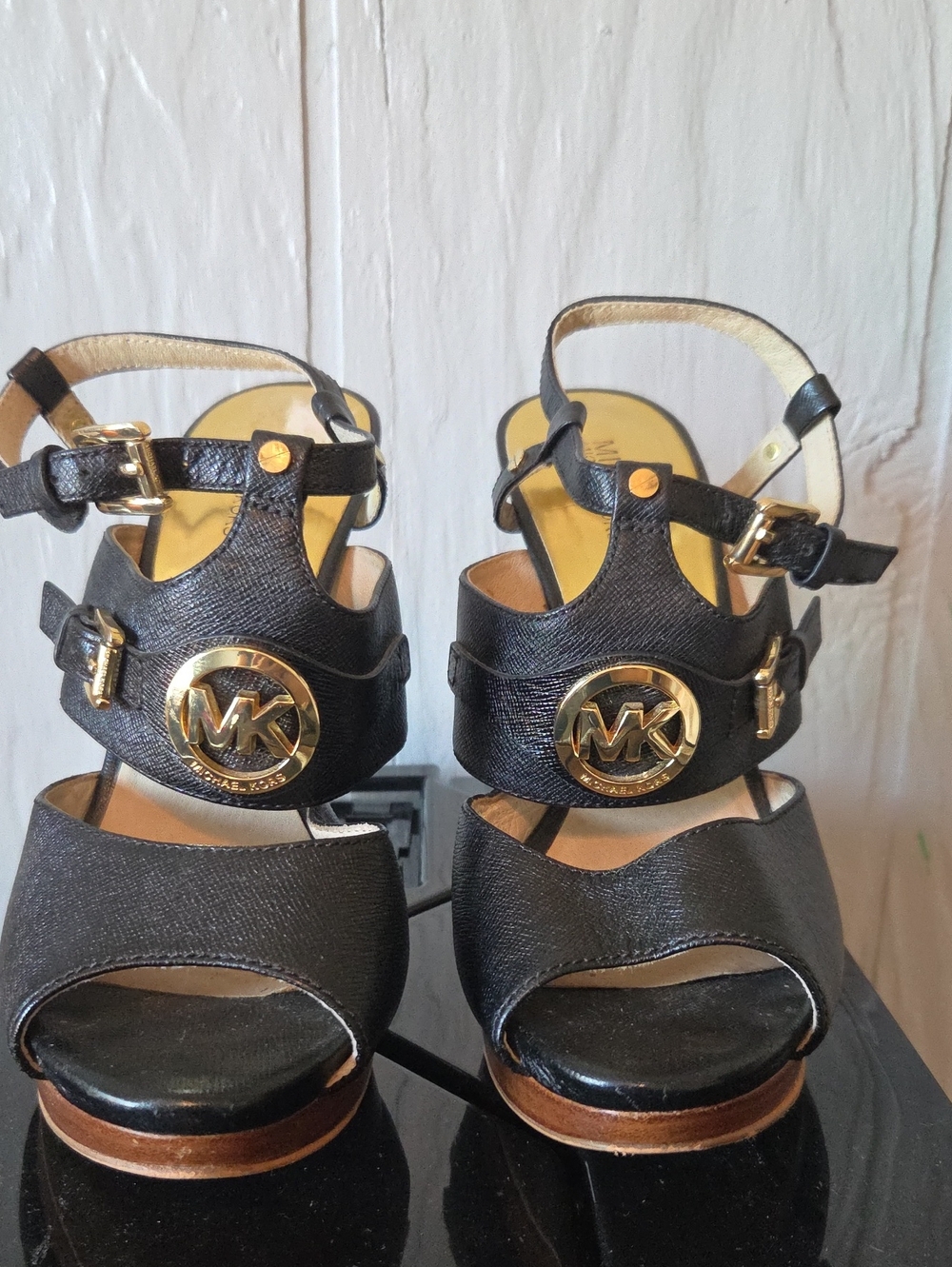 Michael Kors Black and Gold Leather Platform Heels